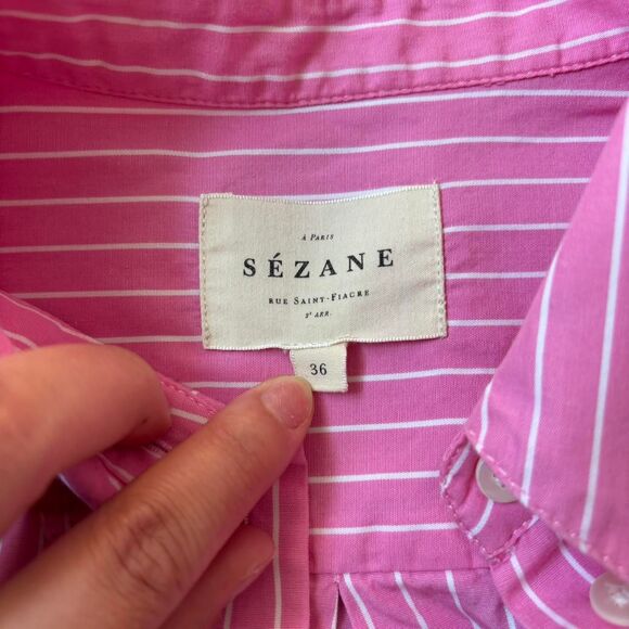 sezane pink ecru max striped oversized boxy long sleeve shirt preppy size 36 - Picture 4 of 6